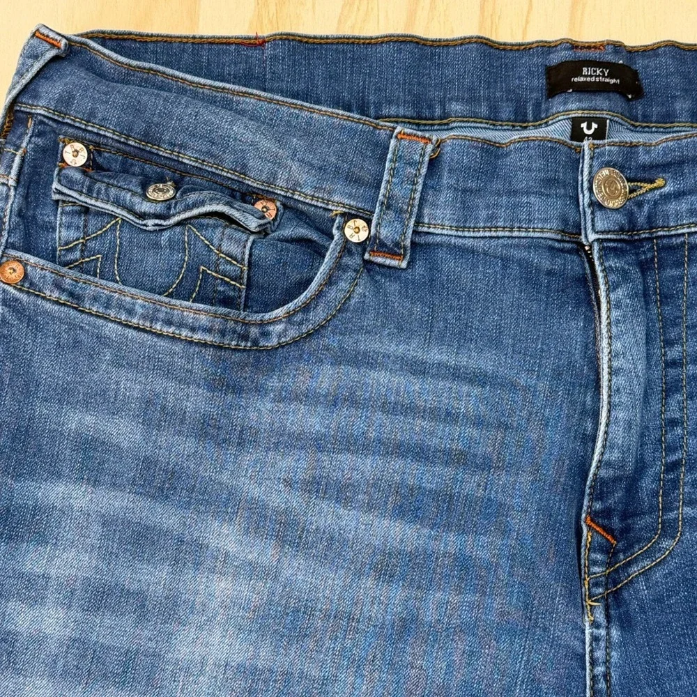 True Religion‎ Ricky Relaxed Straight Jeans Mens 42 Medium Wash Blue Flap Pocket